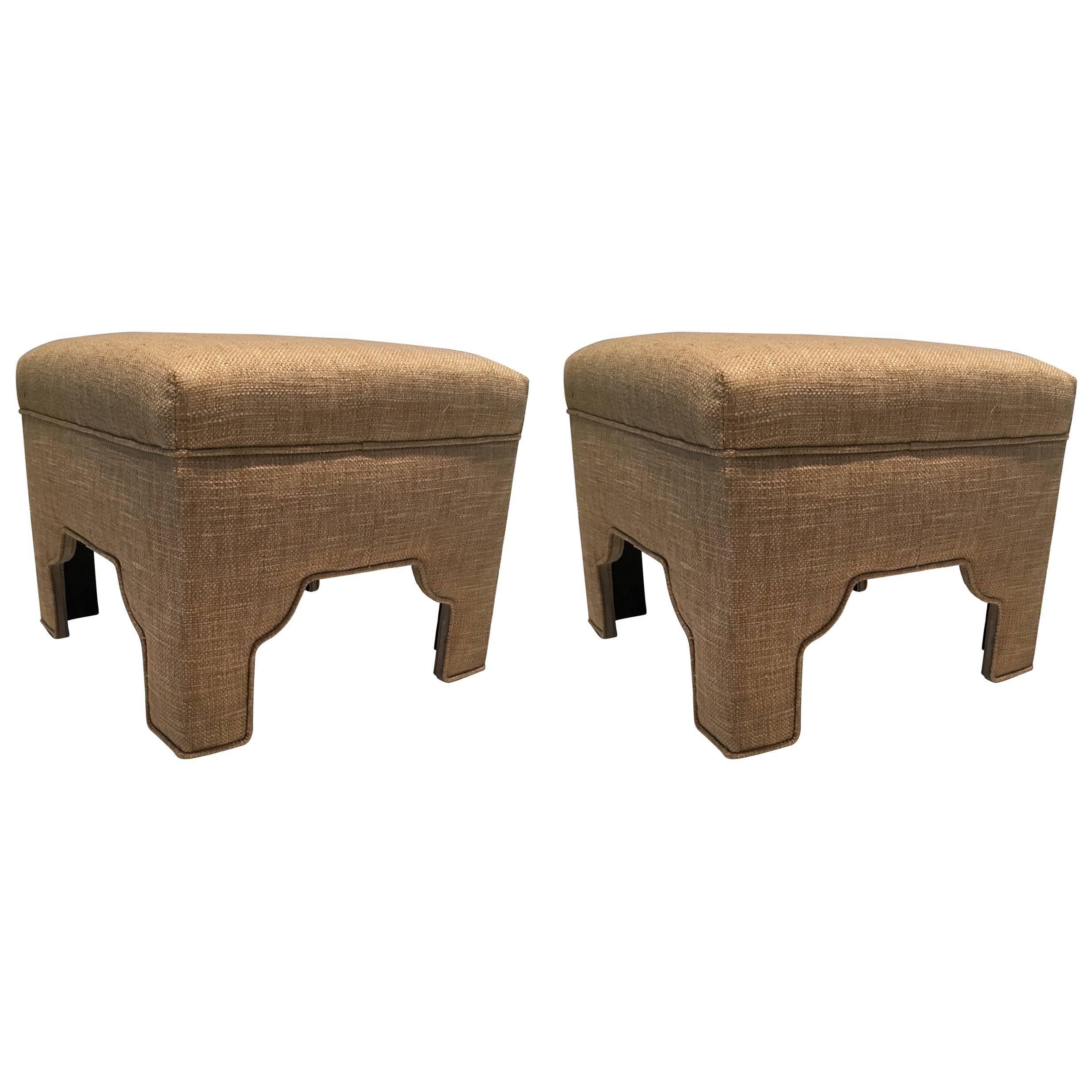 Sophisticated Custom Pair of Wheat Colored Linen and Cotton Ottomans
