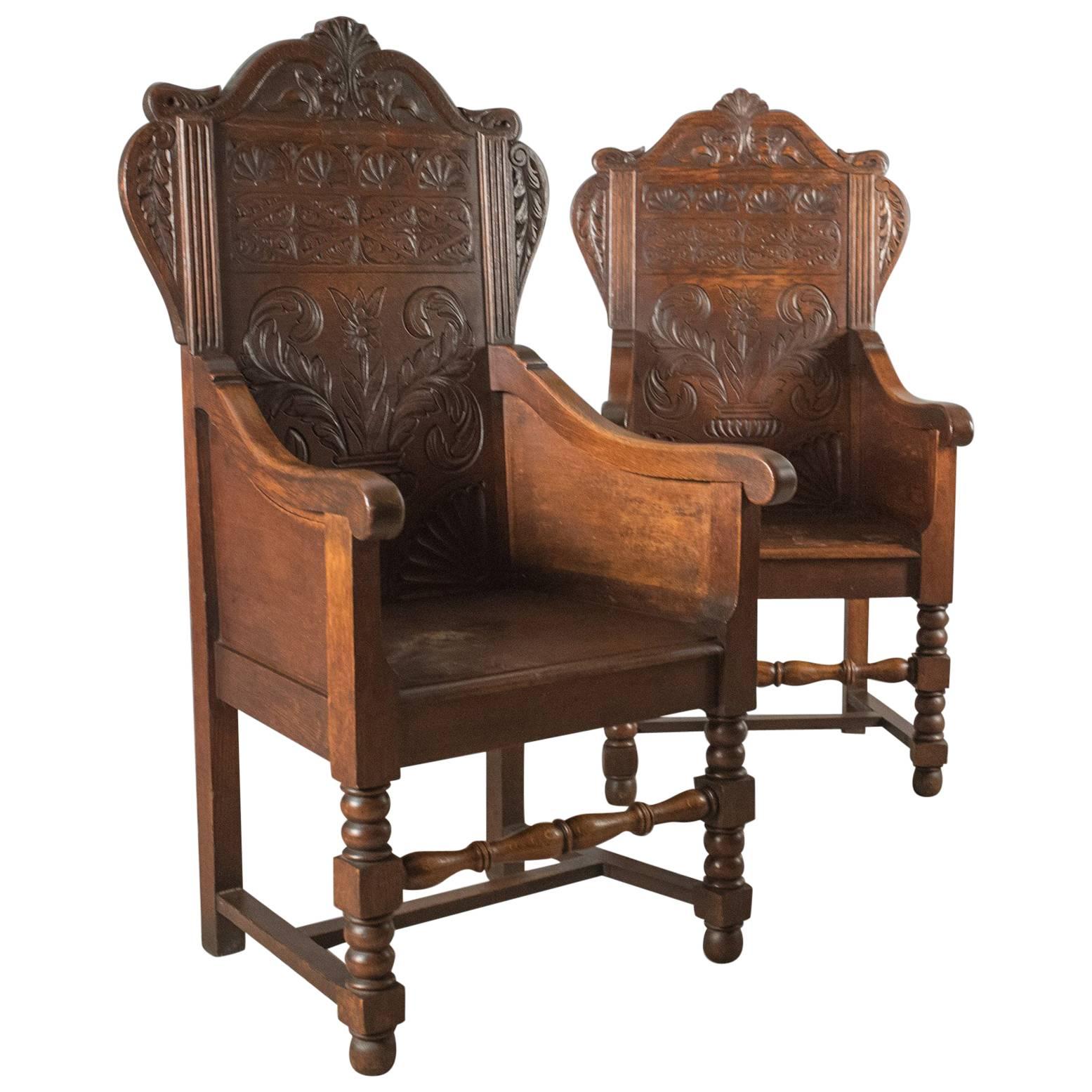 Antique Pair of Baronial Hall Chairs, English Oak Armchairs, circa 1900