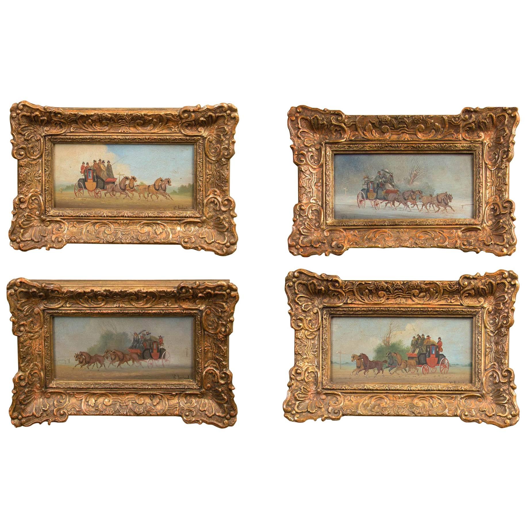 Set of Four Oil on Board Coaching Paintings, Signed Wm Rowland