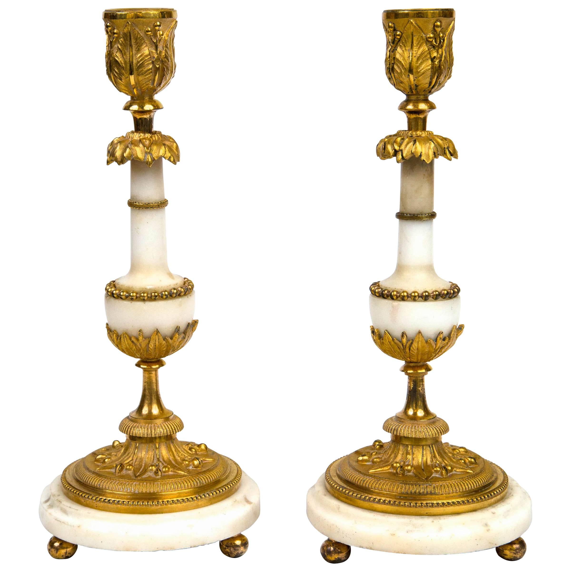 Pair of White Marble and Gilt Bronze, Late 18th Century Baltic Candlesticks