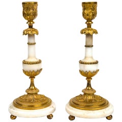 Pair of White Marble and Gilt Bronze, Late 18th Century Baltic Candlesticks