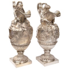 Pair of French Silvered  Bronze Ewers