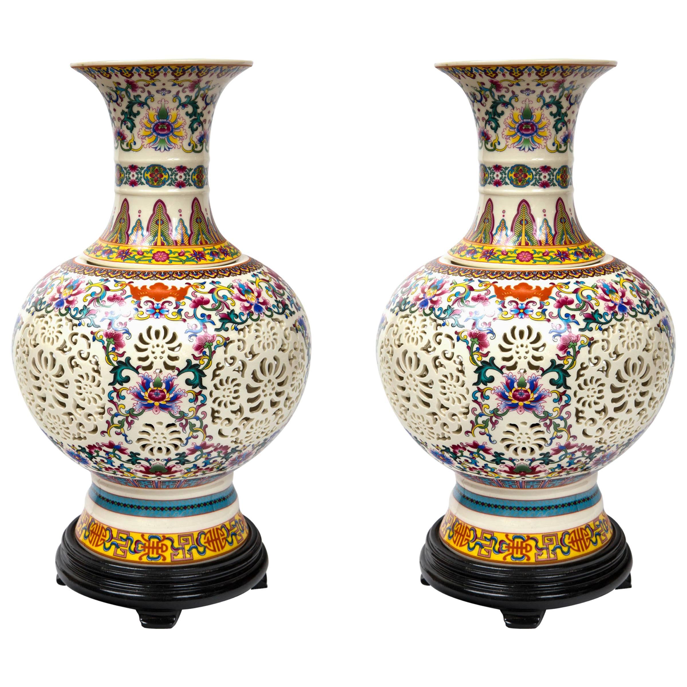 Pair of Pierced Body Chinese Porcelain Table Lamps For Sale