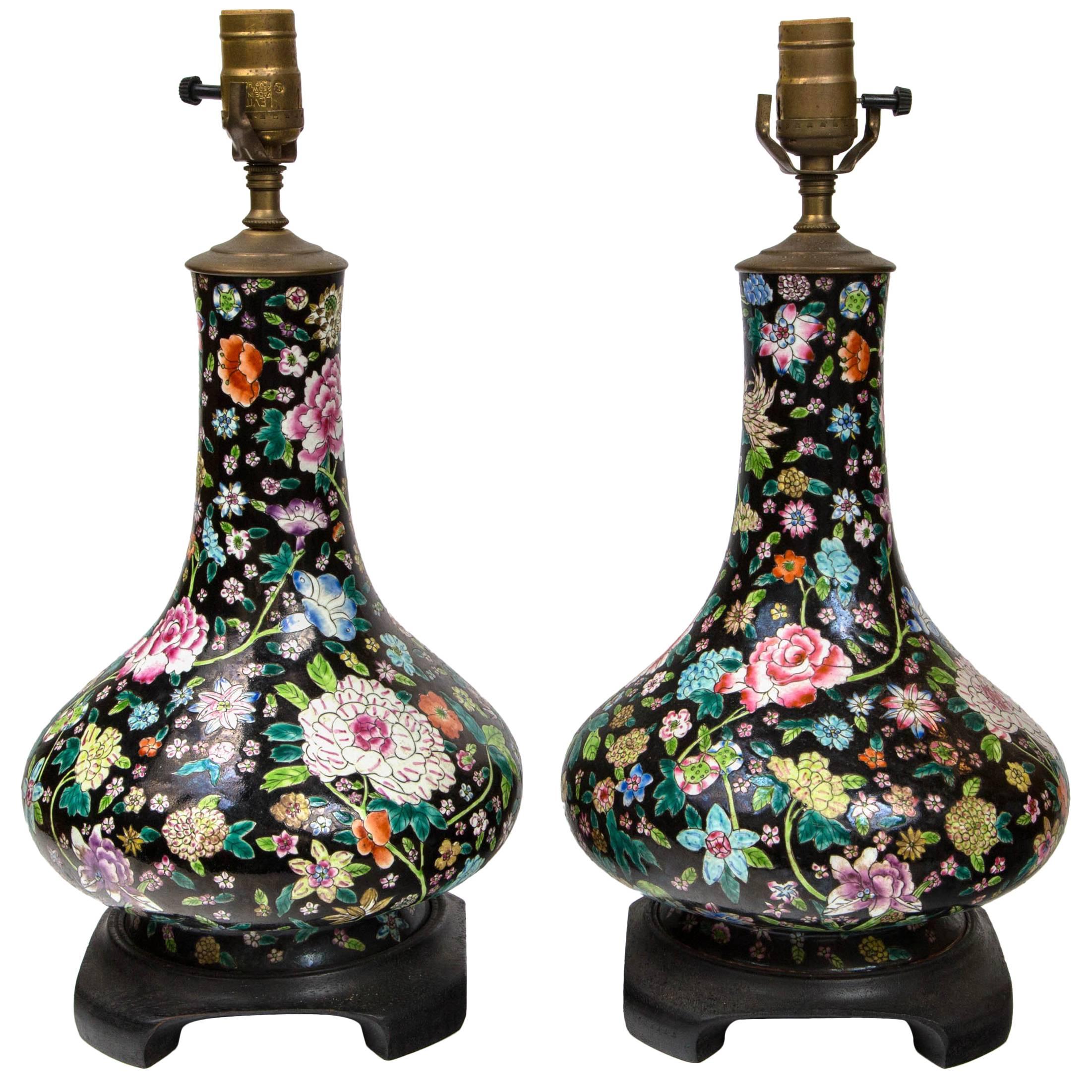 Pair of Chinese, 19th-20th Century Black Ground Porcelain Bottle Form Vases For Sale