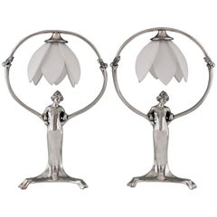 Pair of Silvered Art Nouveau Lamps with Ladies in the Style of WMF, 1900