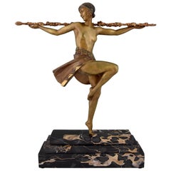 French Art Deco Bronze Sculpture Nude Dancer with Thyrsus Pierre Le Faguays