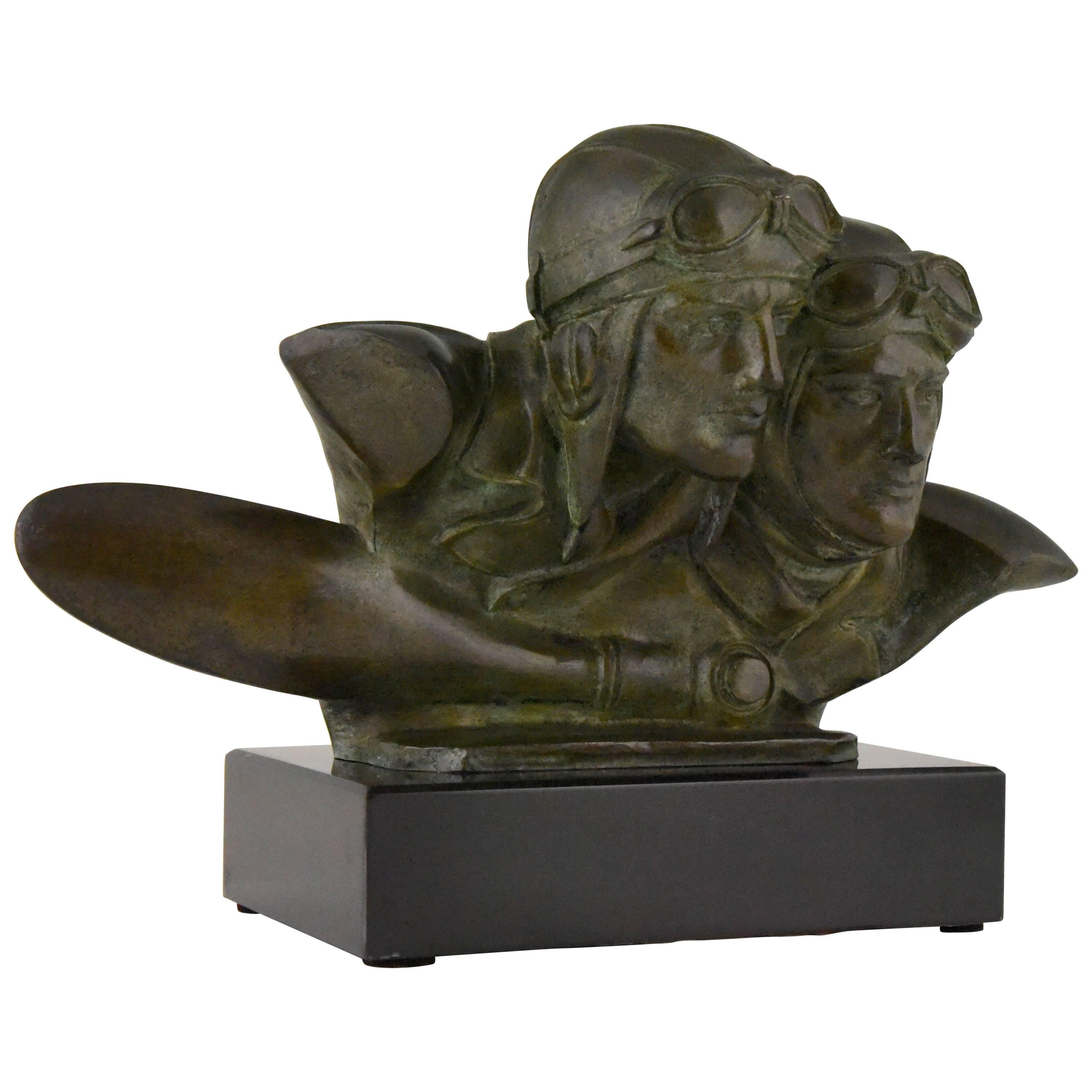 Art Deco Bronze Sculpture Bust of Two Pilots Aviators Costes and Bellonte France