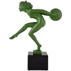 Vintage French Art Deco Sculpture Nude Dancer with Cymbals Garcia Max Le Verrier, 1930
