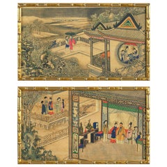 Pair of Ink and Watercolor Landscapes Depicting Scenes of Court Life