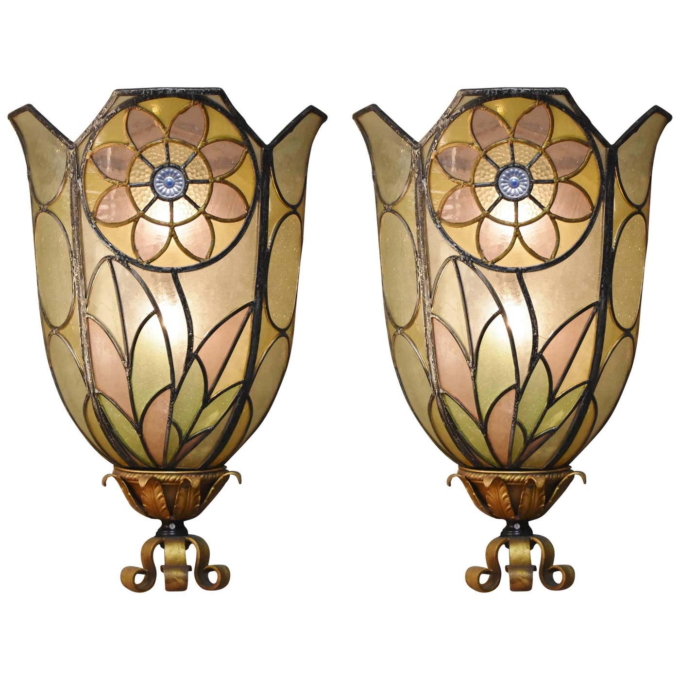 Pair of Art Deco Bent Stained Glass Theatre Wall Sconces Floral Design ...