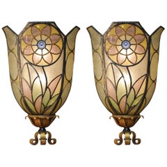 Pair of Art Deco Bent Stained Glass Theatre Wall Sconces Floral Design, 1920s