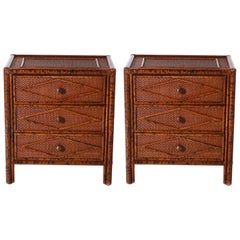 Pair of Dark Stained Burnt Bamboo and Rattan Nightstands, circa 1970