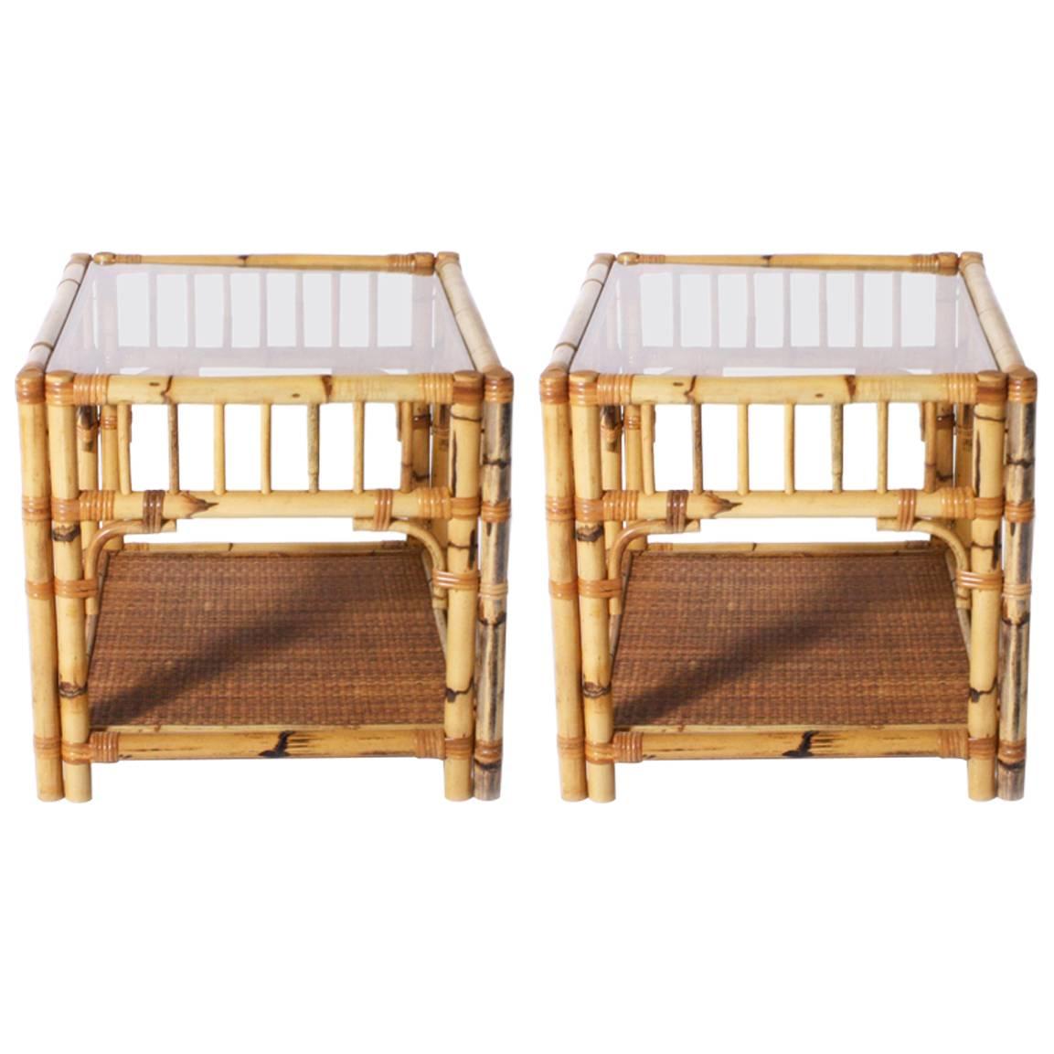 Pair of Burnt Bamboo and Rattan Side Tables with Glass Tops, circa 1970