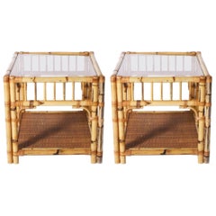 Pair of Burnt Bamboo and Rattan Side Tables with Glass Tops, circa 1970 Pair of Burnt Bamboo and Rattan Side Tables with Glass Tops, circa 1970