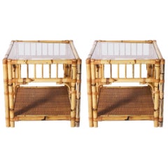 Pair of Burnt Bamboo and Rattan Side Tables with Glass Tops, circa 1970