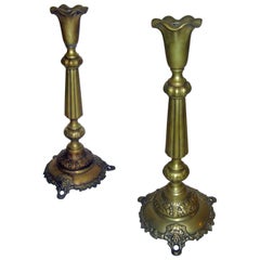 Antique 19th Century Brass Candlesticks with Grapevine Motif