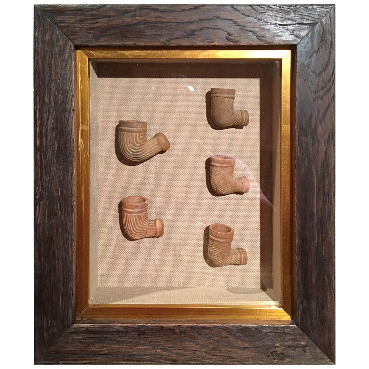 Set of Five Terracotta Pipes Framed in a Shadow Box, 19th Century
