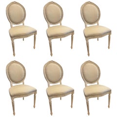 Set of Six Hand-Carved Louis XVI Style Side Chairs in Silk