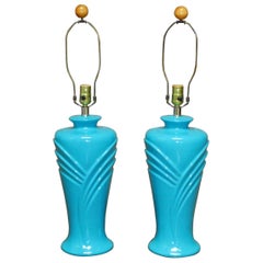 Pair of Porcelain Art Deco Style Turquoise Vase Lamps