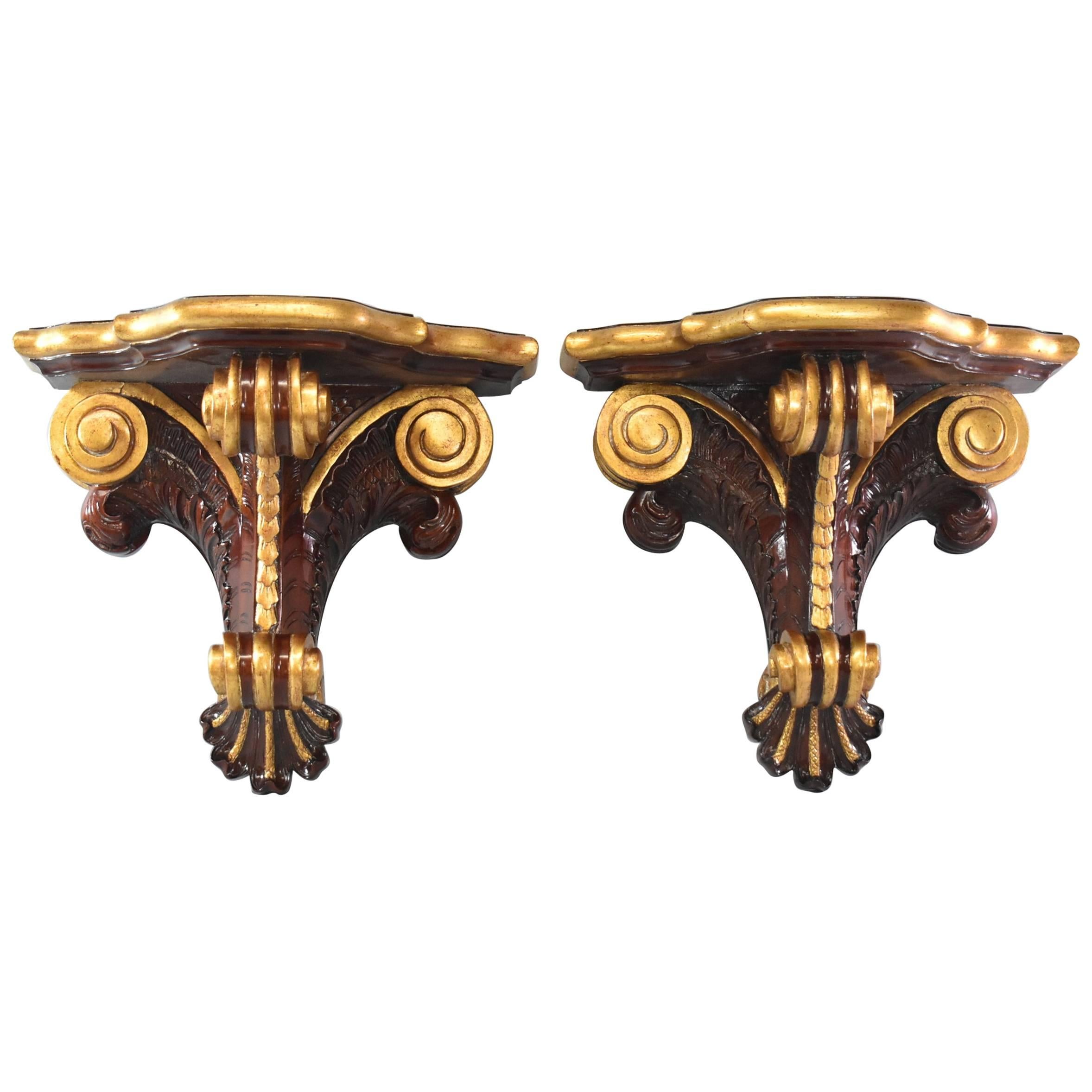 Pair of Mahogany Wall Shelves with Gilded Accents by Maitland-Smith