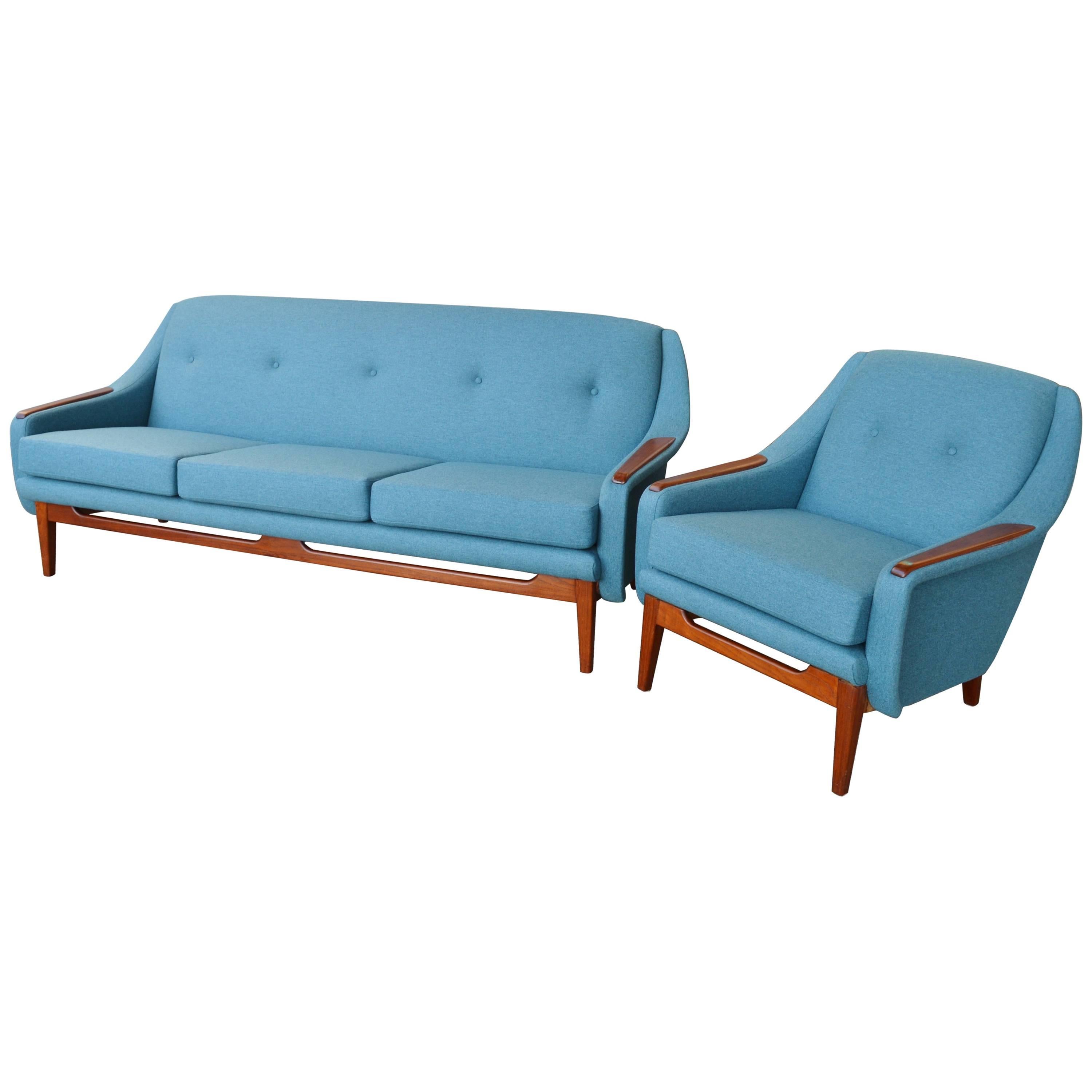 Scandinavian Teak Sofa and Lounge Chair in Blue Wool