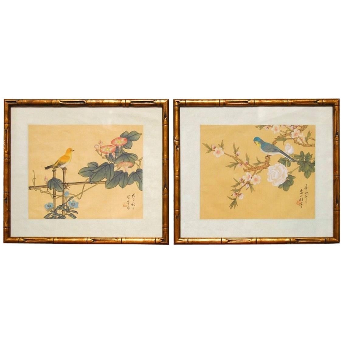 Pair of Chinoiserie Style Faux Bamboo Bird Paintings on Silk