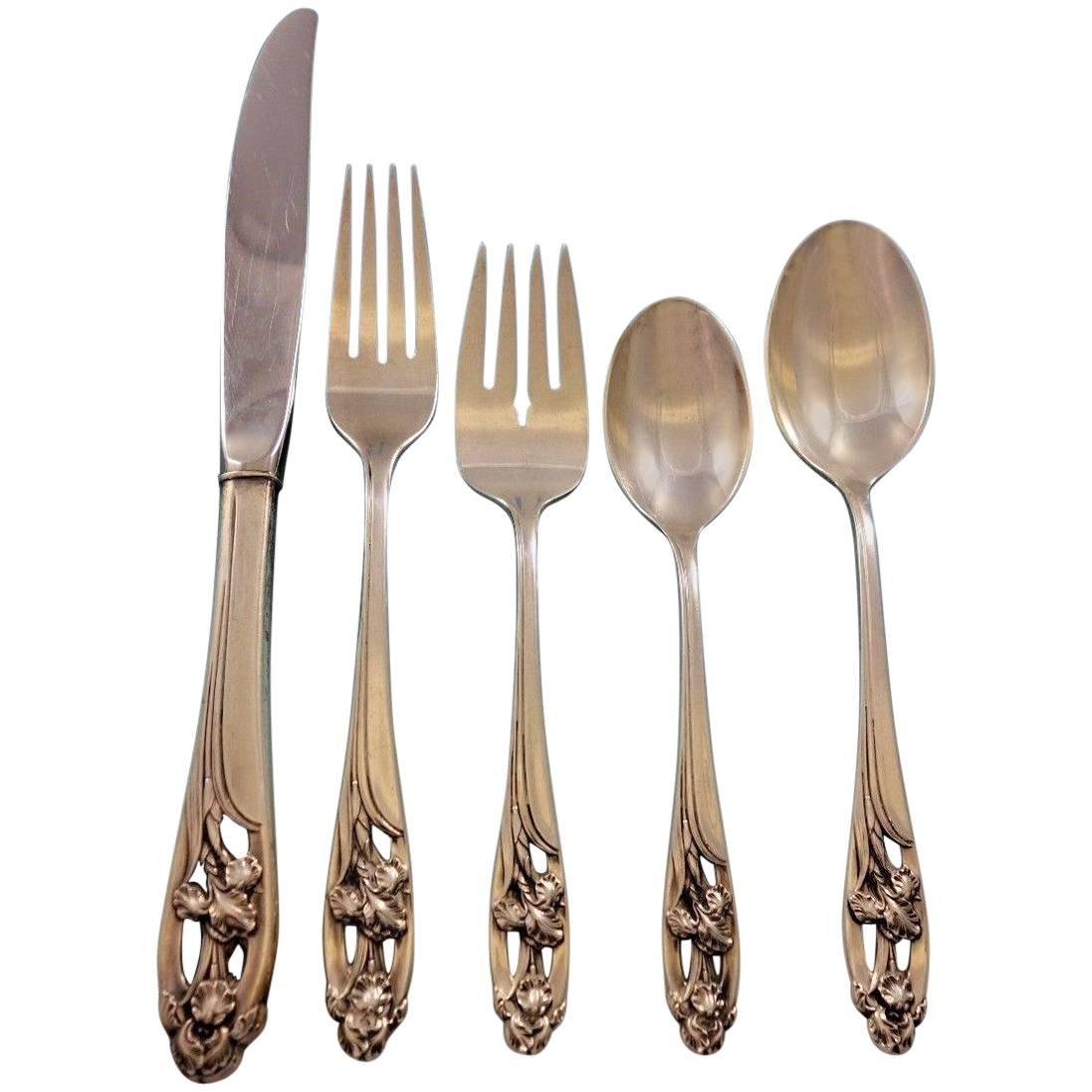 Silver Iris by International Sterling Silver Flatware Set for 12 Service 65 Pcs For Sale
