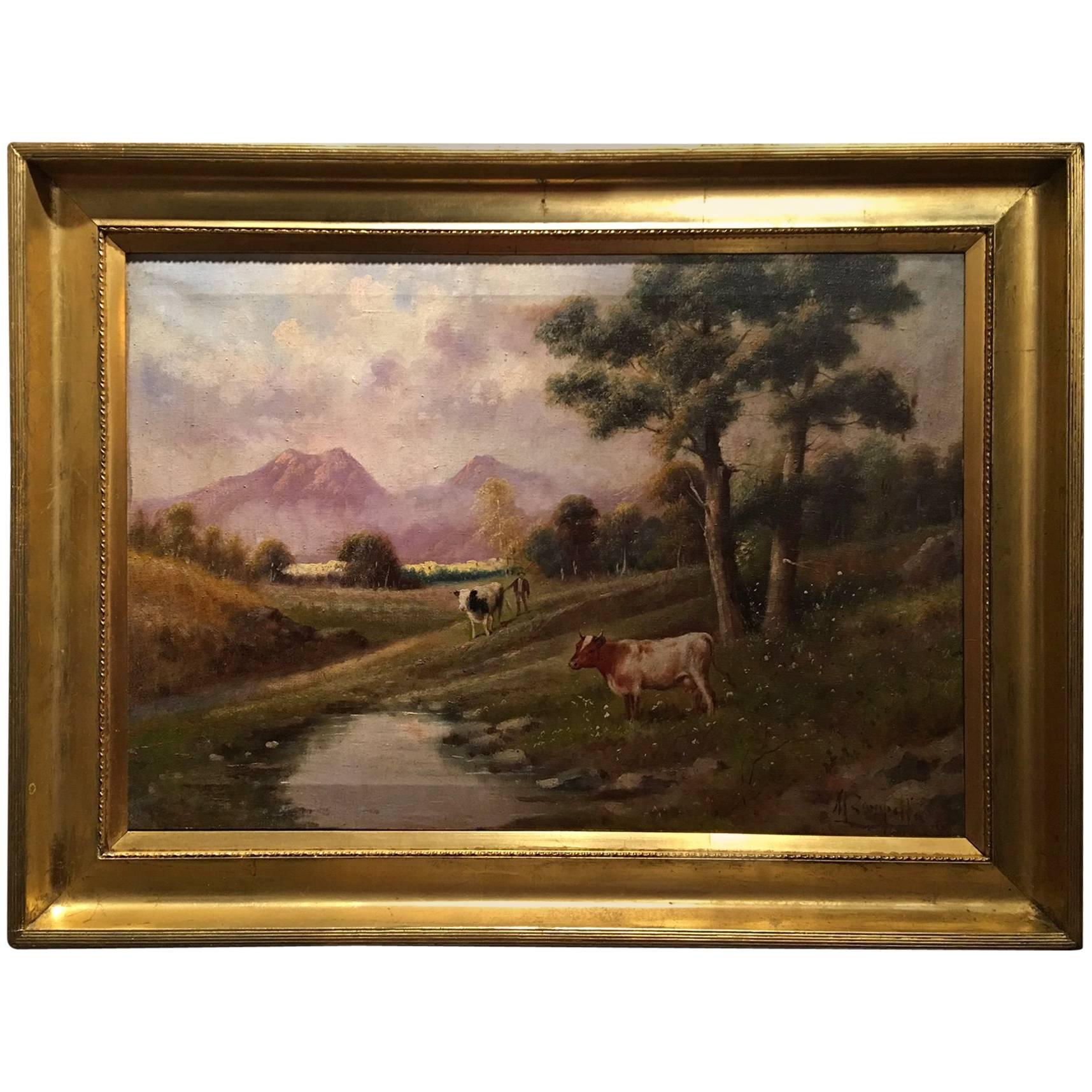 Italienisches Ölgemälde auf Leinwand von M Zampella, „Cows by Stream“, frühes 20. Jahrhundert