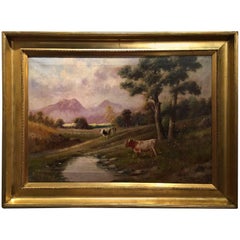 Óleo italiano sobre lienzo de M Zampella, "Vacas junto a un arroyo", principios del siglo XX