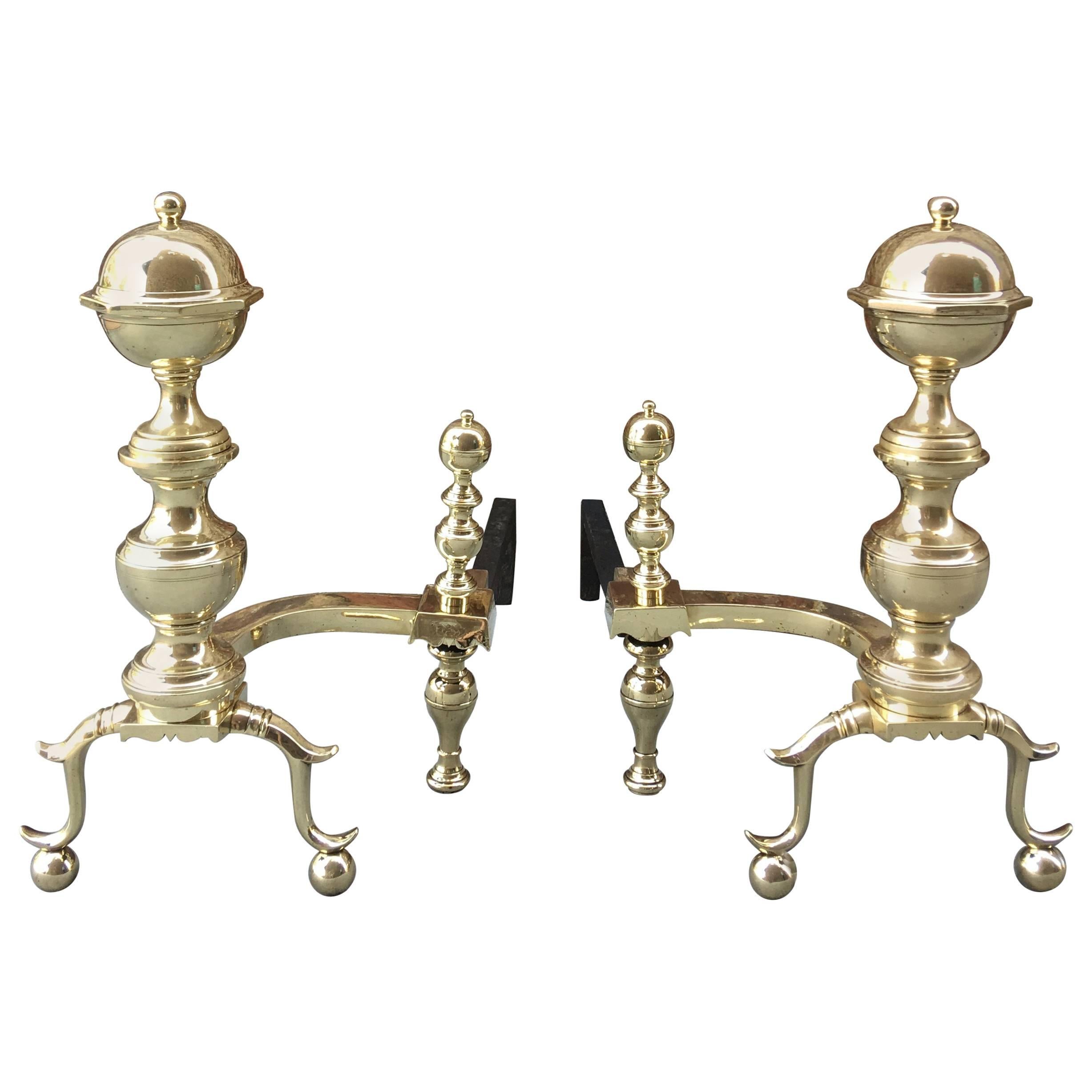 Pair of Brass Andirons with Large Log Stops, Mid-19th Century For Sale