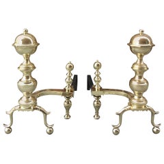Pair of Brass Andirons with Large Log Stops, Mid-19th Century