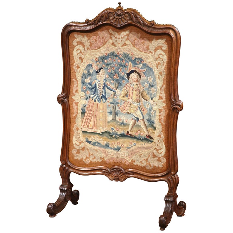 19th Century French Louis XV Carved Walnut Screen with Needlepoint ...
