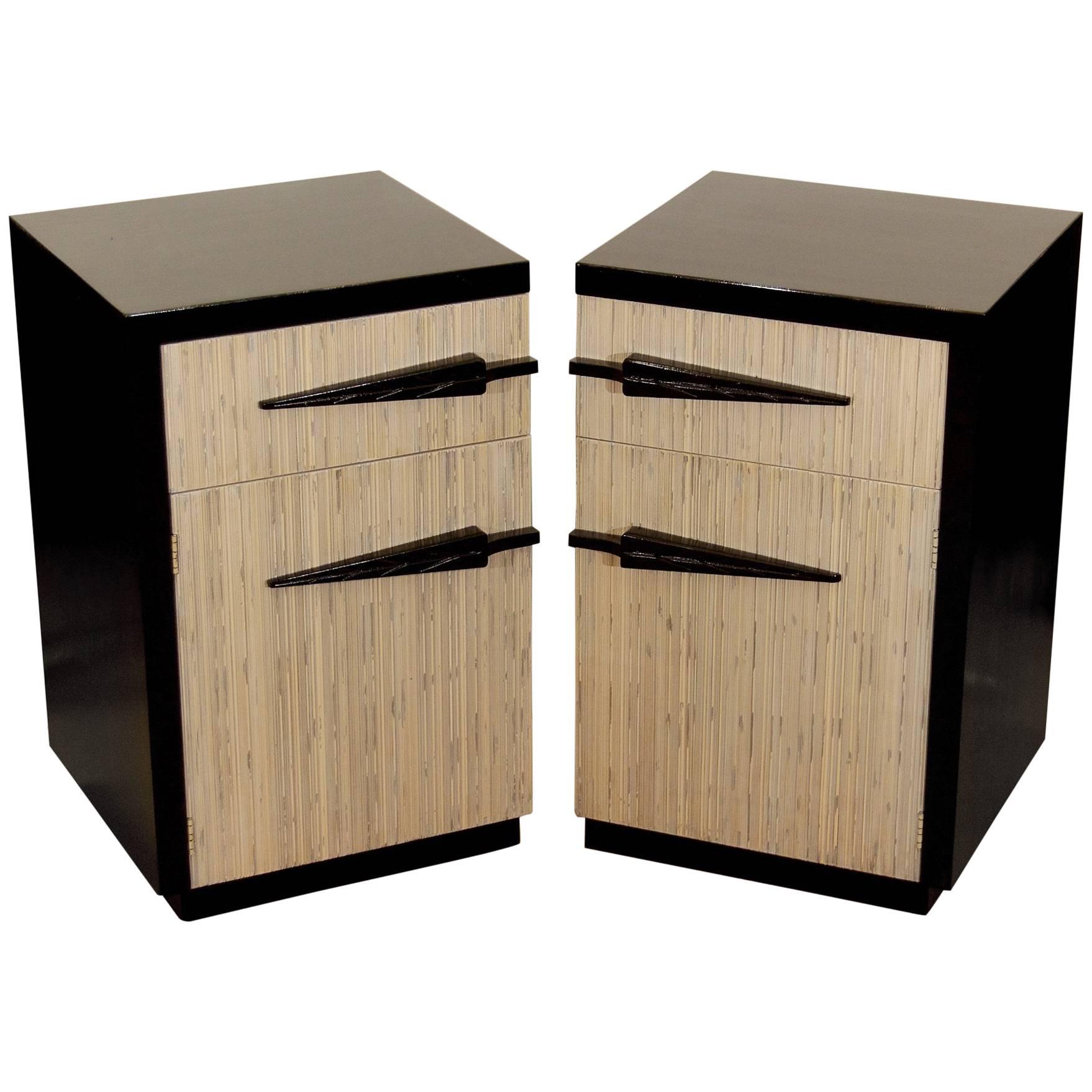 Pair of Black Lacquer and Bamboo/Reed Style Midcentury Nightstands