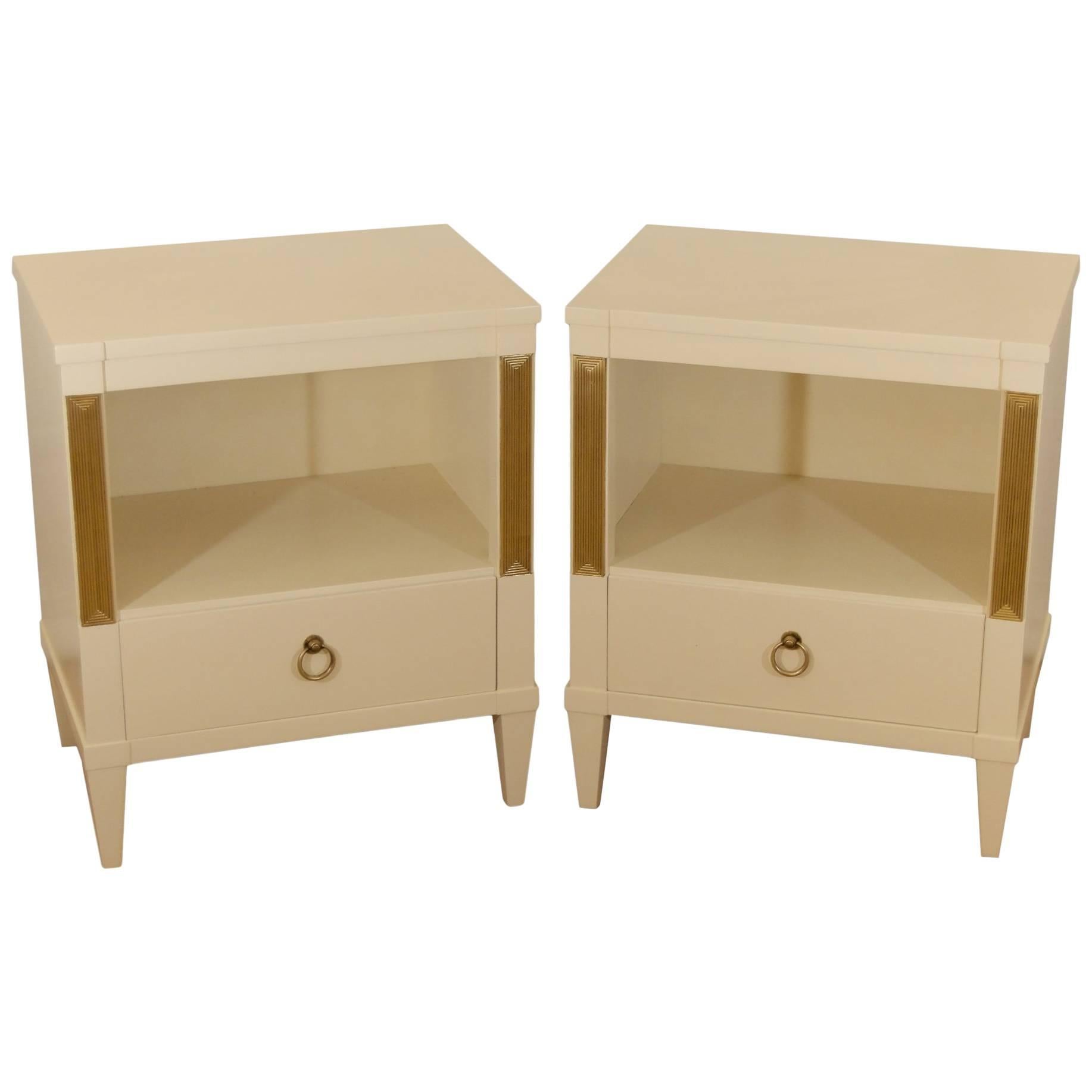 Pair of Cream Lacquered and Gilt John Stuart Nightstands