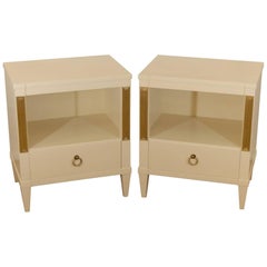 Pair of Cream Lacquered and Gilt John Stuart Nightstands