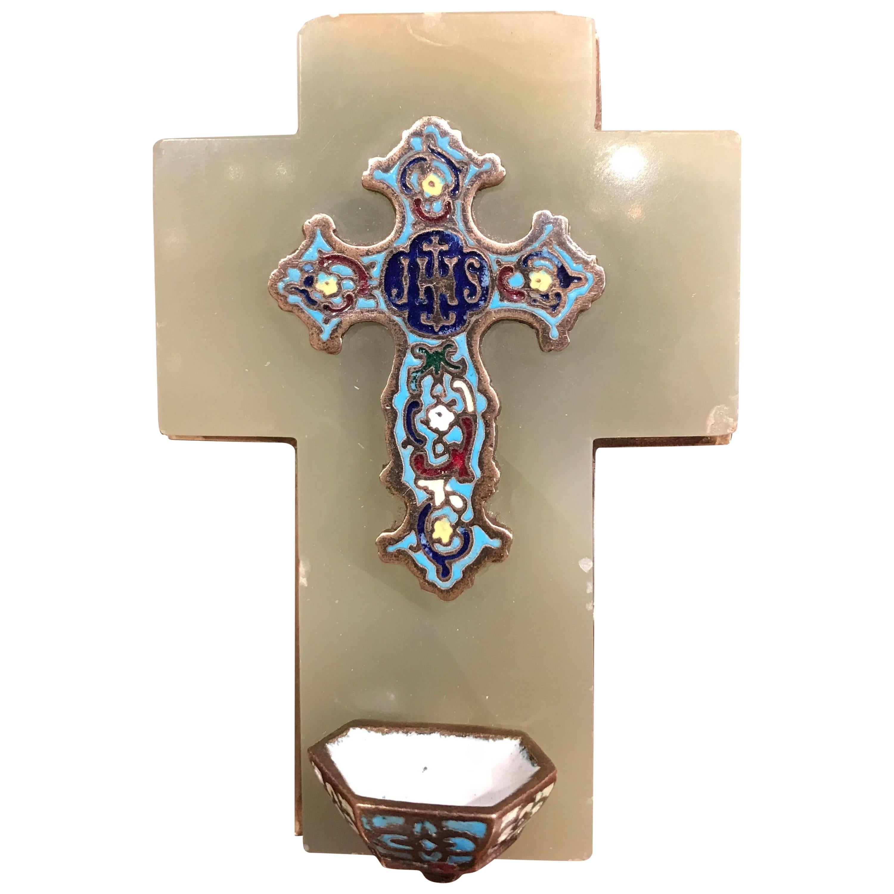 19th Century French Green Marble Cross and Holy Water with Cloisonné Technique For Sale