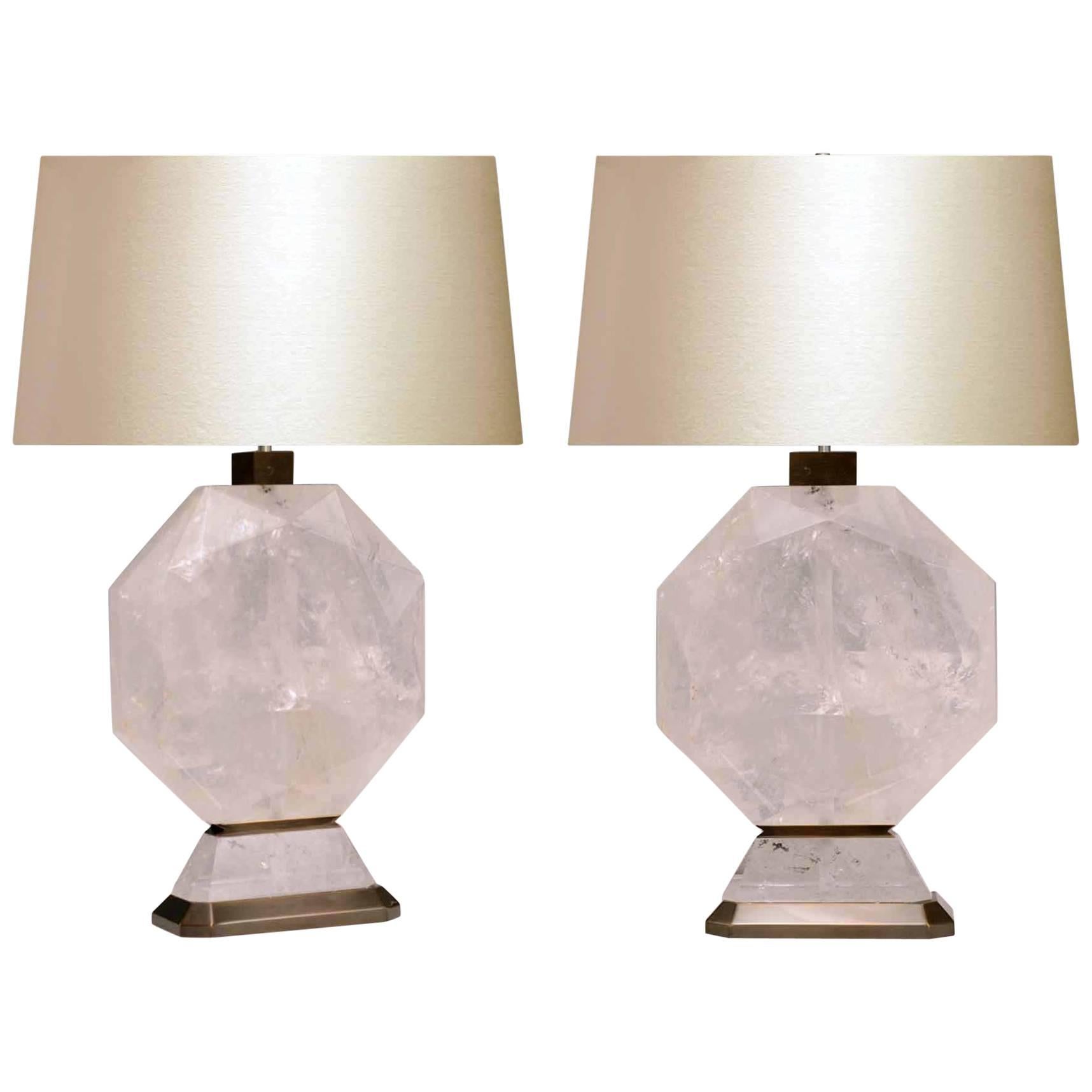 Fine carved octagon form rock crystal lamp with antique brass base, created by Phoenix Gallery, NYC.
To the rock crystal: 13.5 in/H
lampshade is not provided
