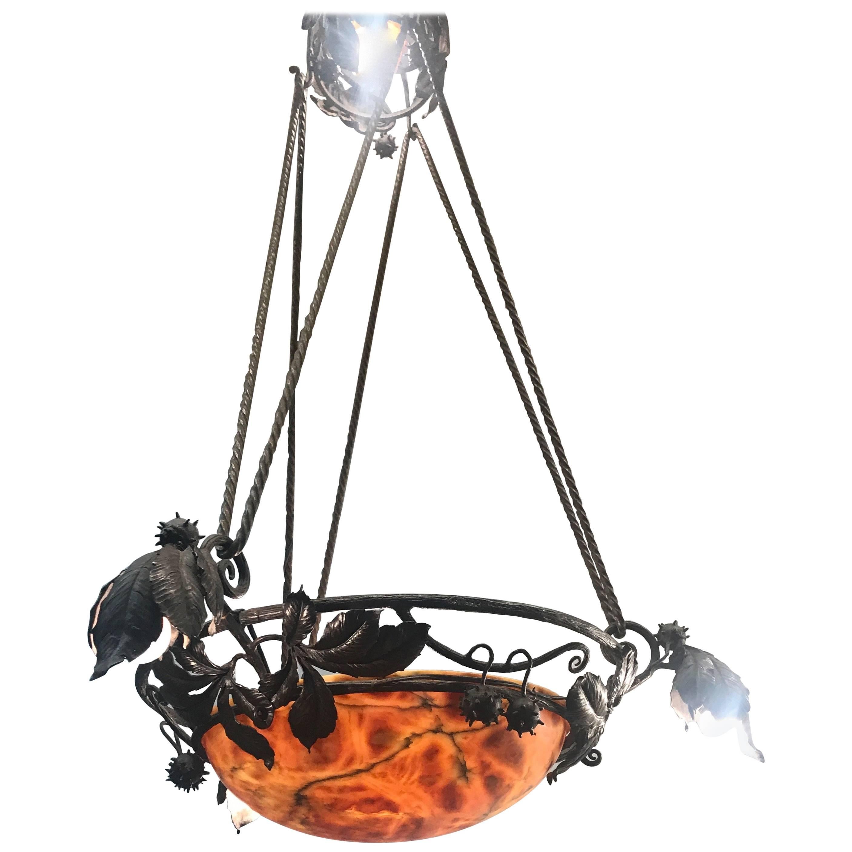 Arts & Crafts Wrought Iron & Alabaster Chestnut & Leaves Signed Pendant Light