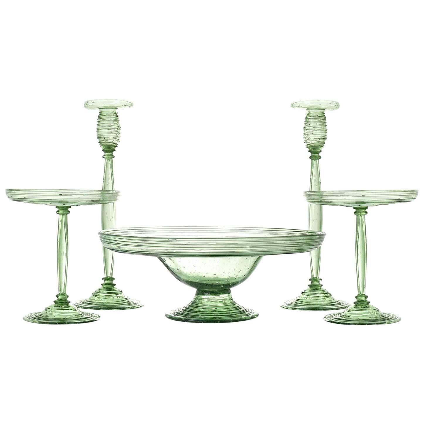 Steuben Pomona Green 5 Piece Garniture Set Circa 1920s