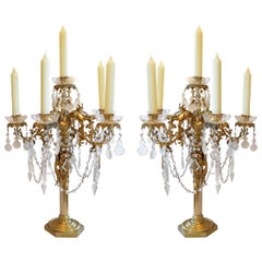 Pair of Antique French Gilt Bronze Six-Arm Crystal Candelabra