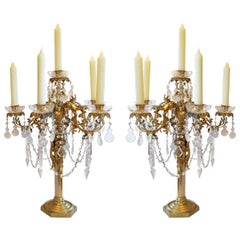 Pair of Antique French Gilt Bronze Six-Arm Crystal Candelabra