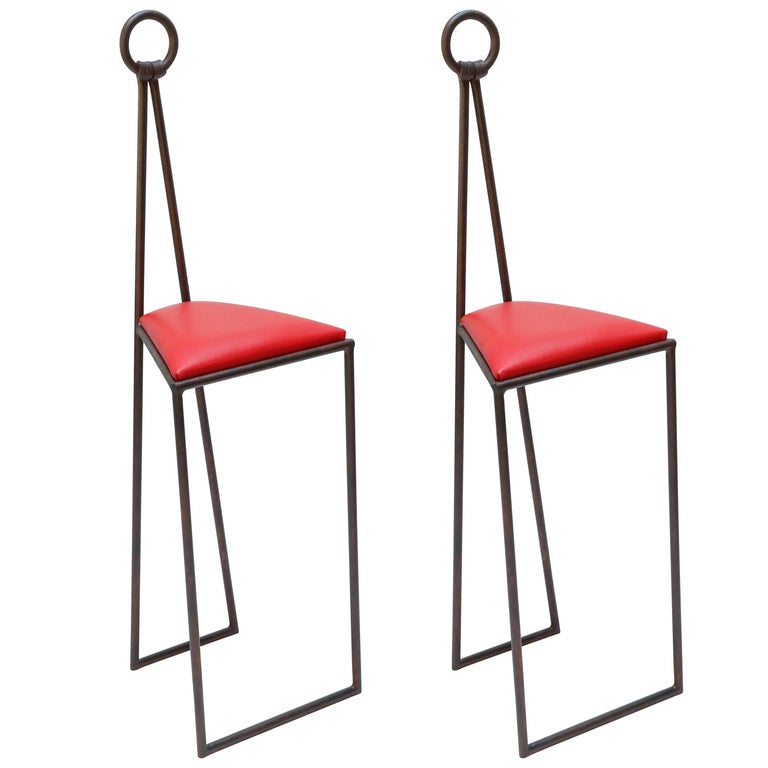 Custom Iron Bar Stools With Red Leather Seats For At 1stdibs Custom Iron Bar Stools With Red Leather Seats For