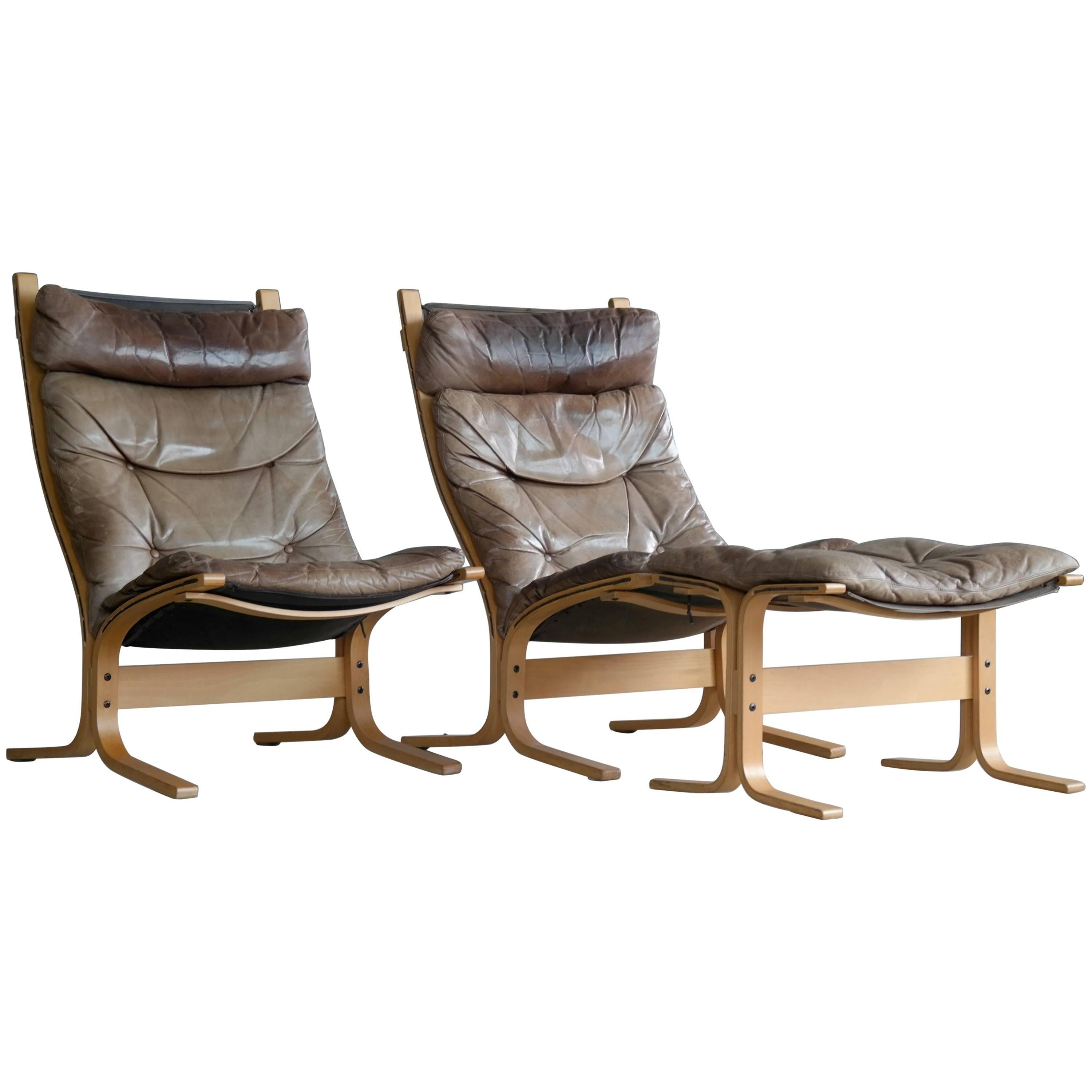 Ingmar Relling Pair of Siesta Chairs for Westnofa Patinated Leather, Norway