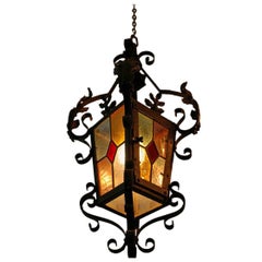 Vintage French Wrought Iron Lantern with Stained Glass from the 1950s
