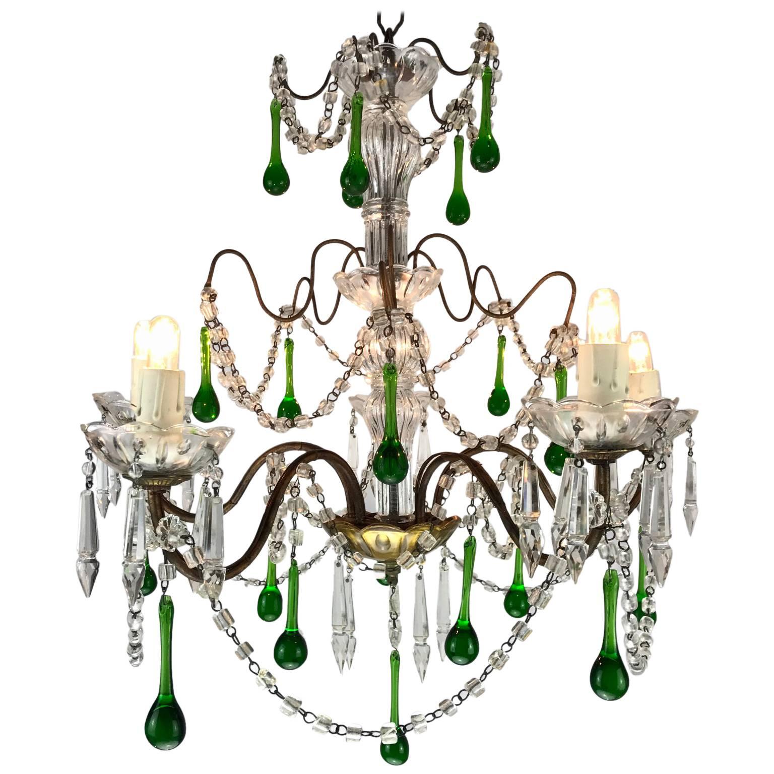Vintage Italian Five-Light Crystal Chandelier with Green Crystal Drops 1970s
