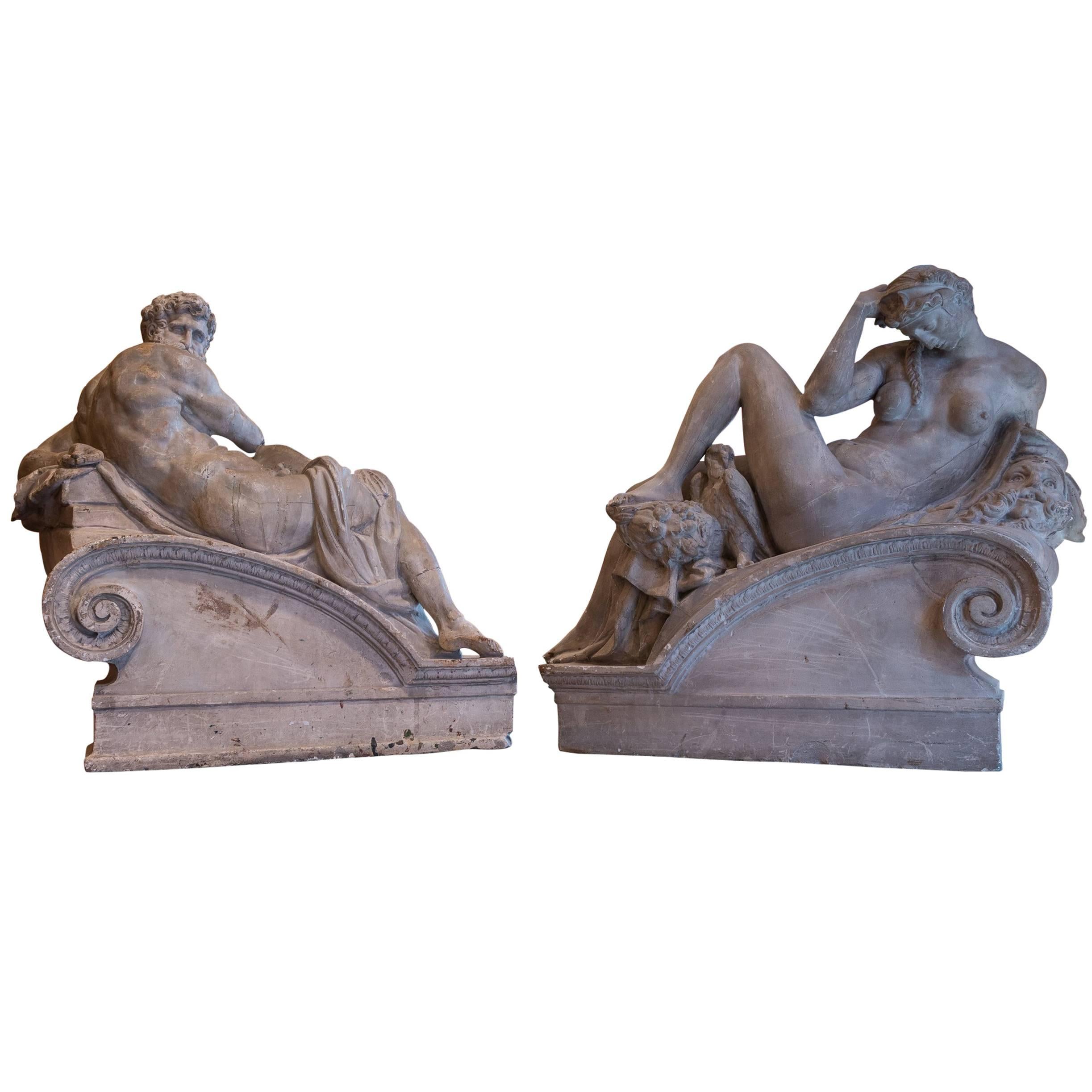 The Day and the Night Late 19th Century Plaster Group Based on Michel-Ange For Sale