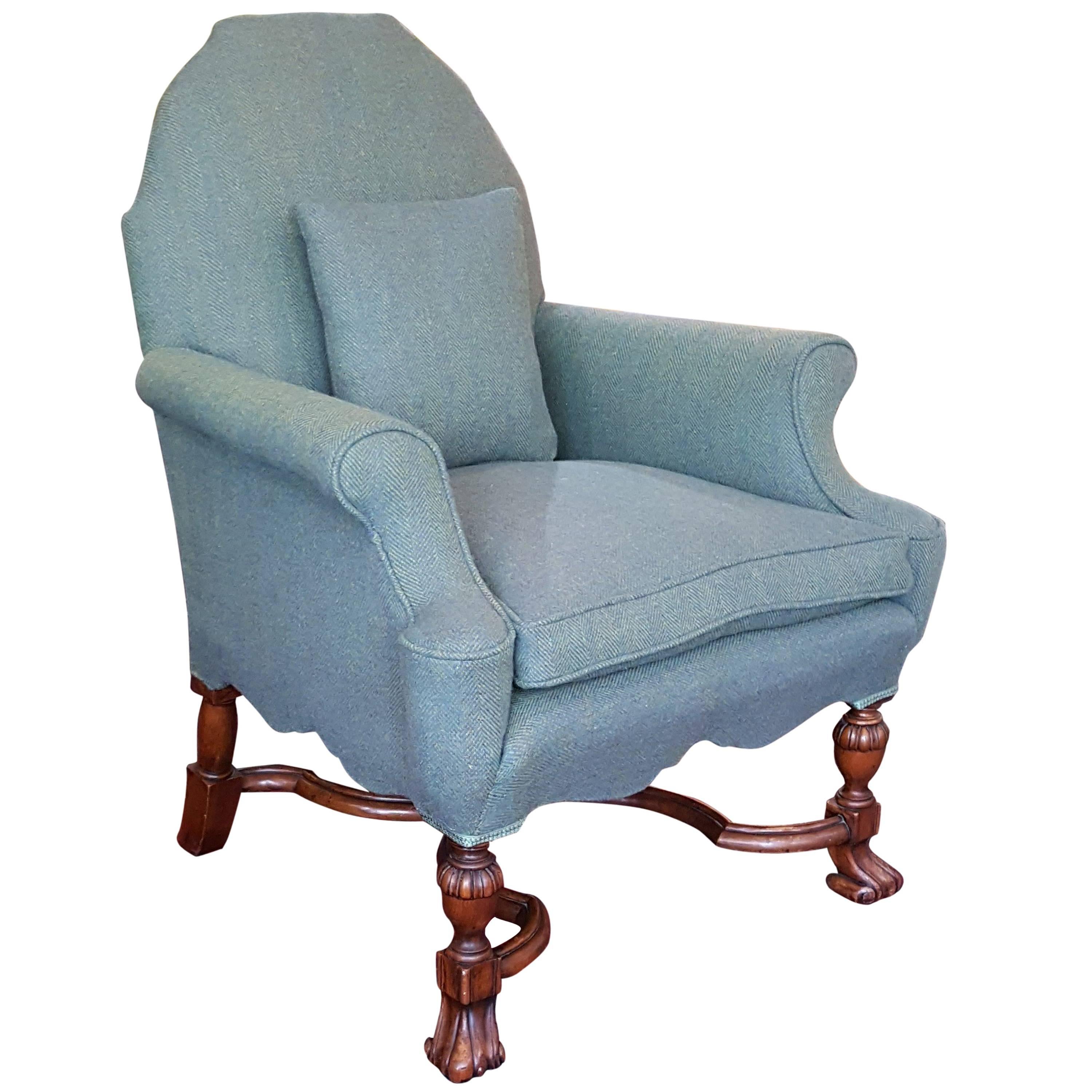 Edwardian Mahogany Armchair Upholstered in Harris Tweed