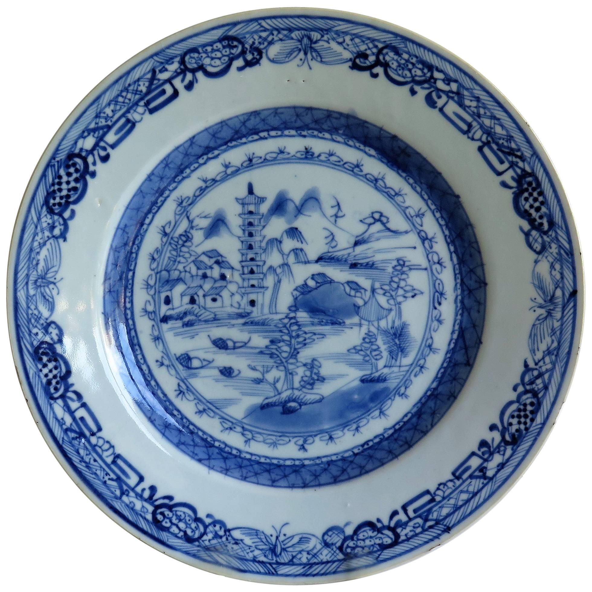 18th Century Chinese Export Blue and White Porcelain Plate, Qing Ca 1780