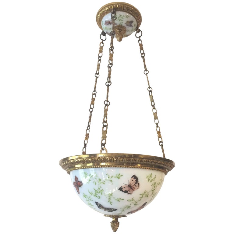 Superb Antique French Erfly Motife Milk Glass And Brass Light Fixture