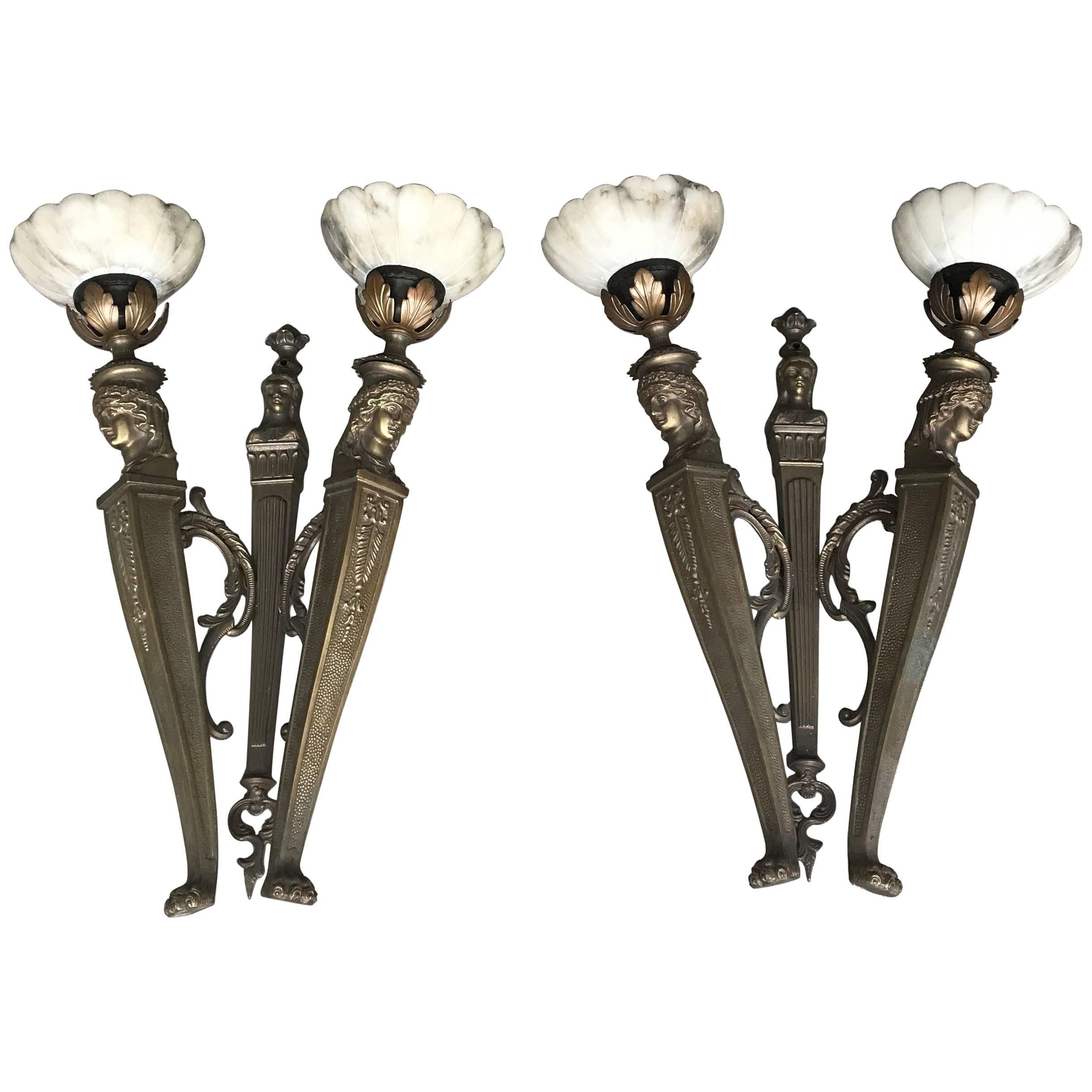Stunning Pair of Egyptian Revival Bronze Wall Sconces with Alabaster Shades